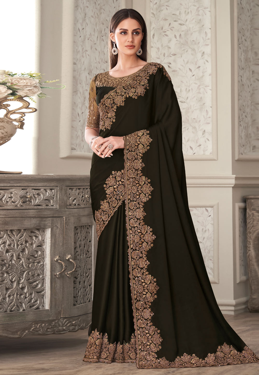 Breathtaking Black Soft Silk Saree with Glittering Blouse Pi