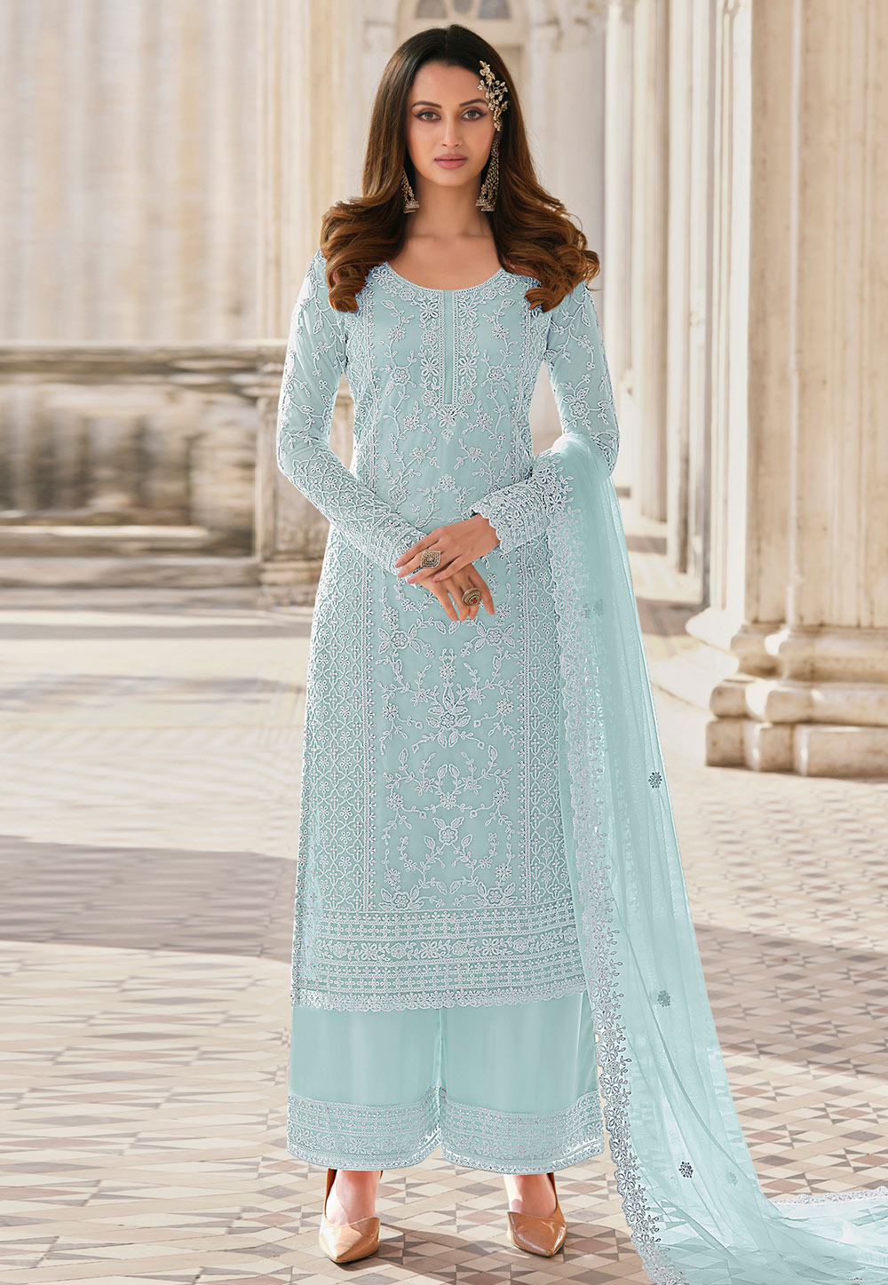Sky Blue Net Embroidered Palazzo Suit 252267