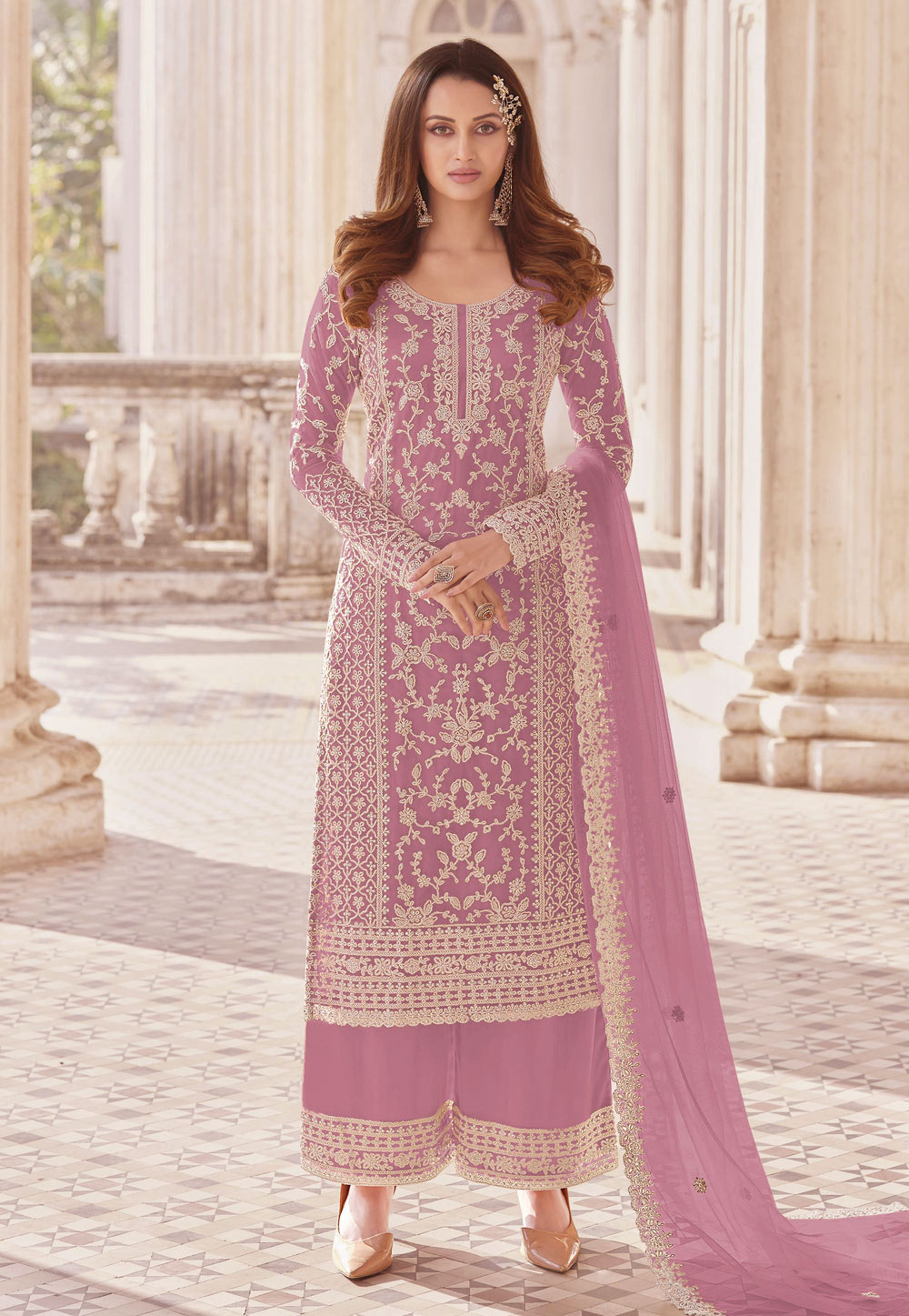 Pink Net Pakistani Palazzo Suit 247712