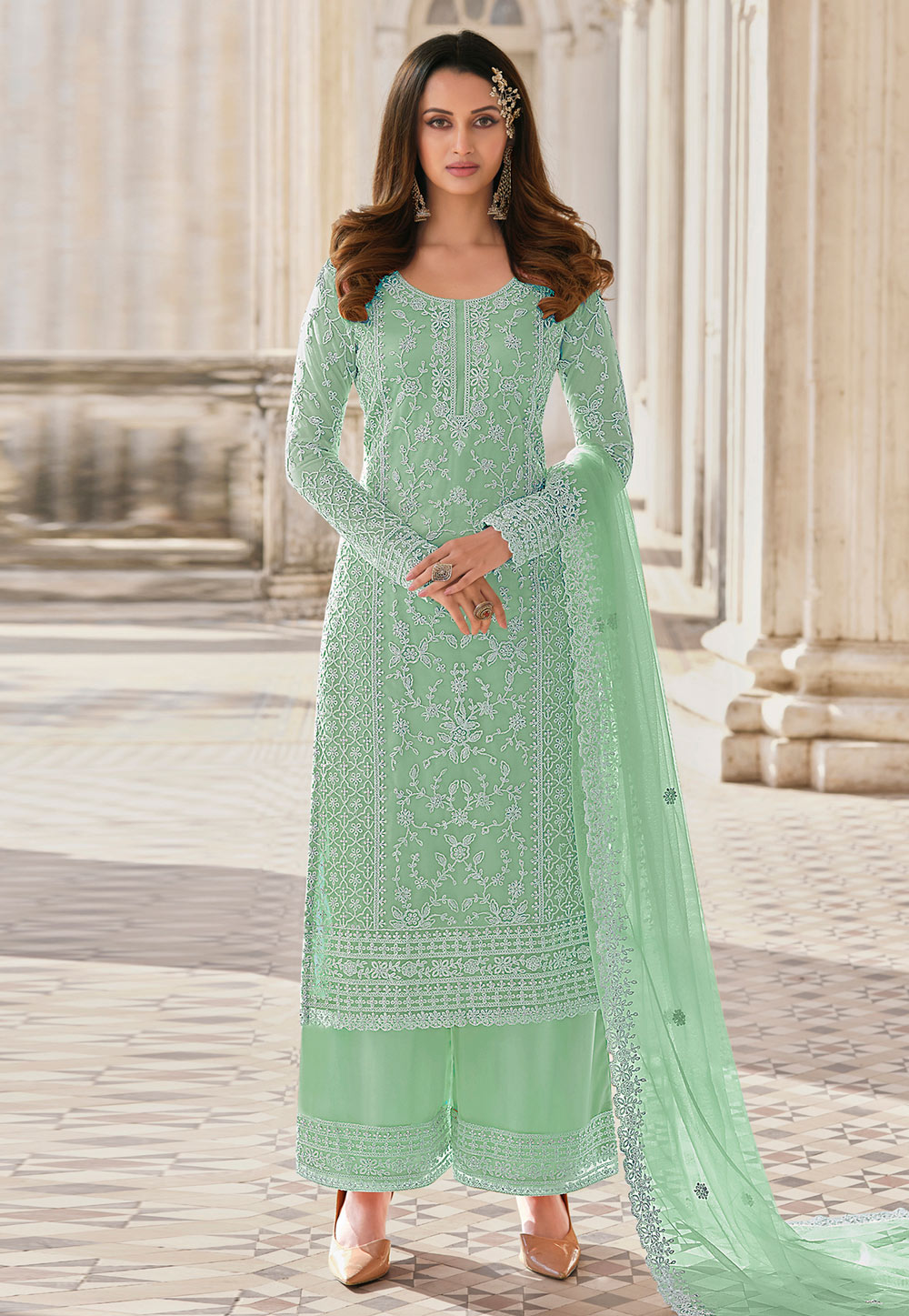 Pista Green Net Embroidered Palazzo Suit 252268