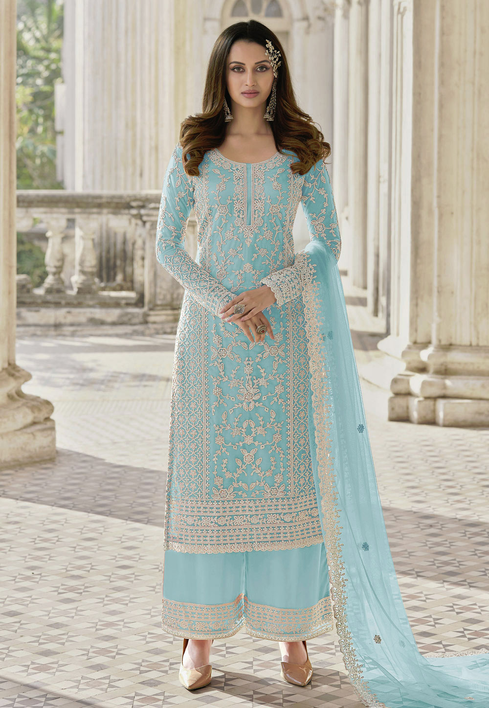 Sky Blue Net Pakistani Palazzo Suit 247714