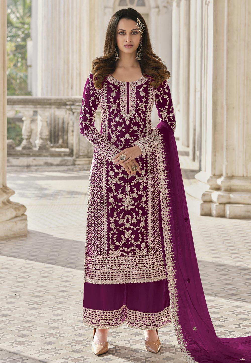 Purple Net Palazzo Suit 247715