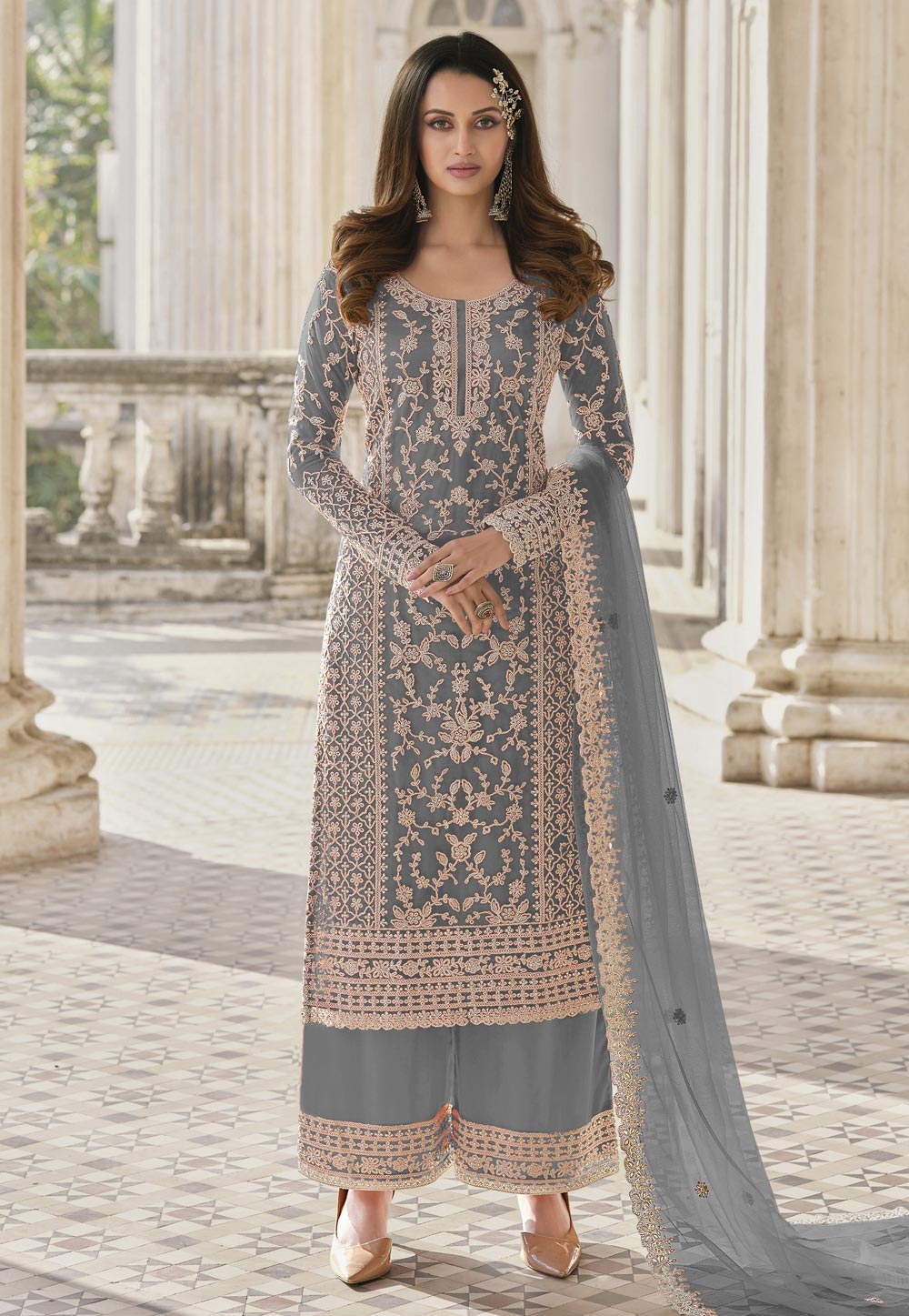 Grey Net Pakistani Palazzo Suit 247716
