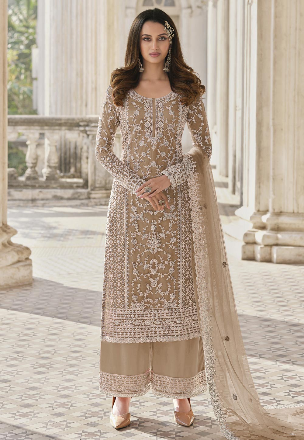 Brown Net Pakistani Palazzo Suit 247718