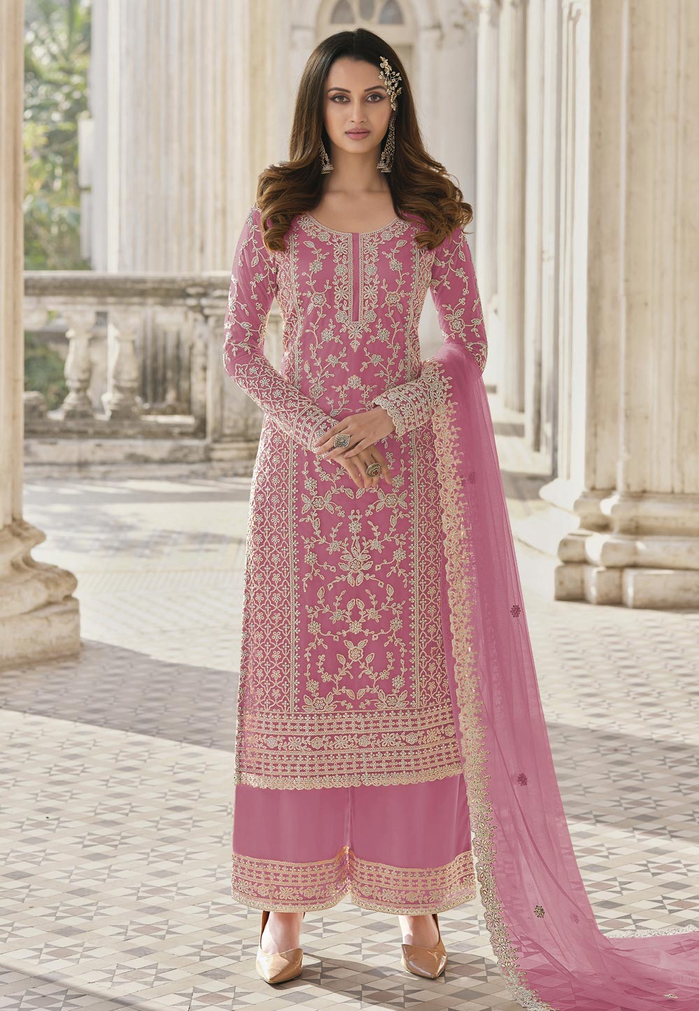 Pink Net Pakistani Palazzo Suit 247720