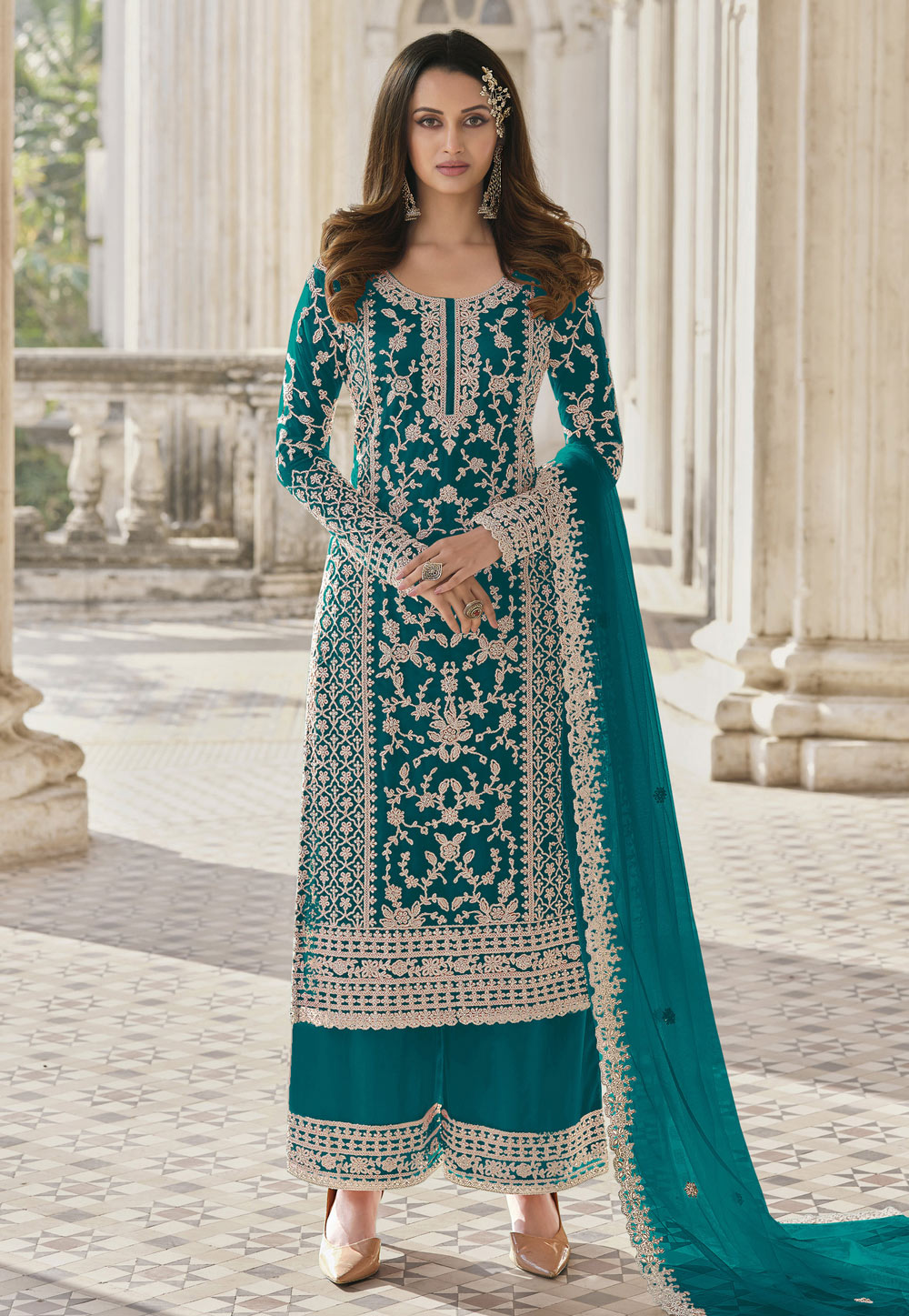 Teal Net Embroidered Palazzo Suit 259994