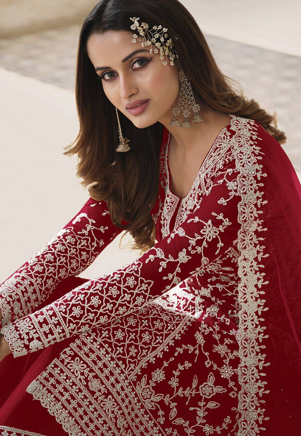 Embroidered Net Pakistani Suit in Maroon : KCH9407