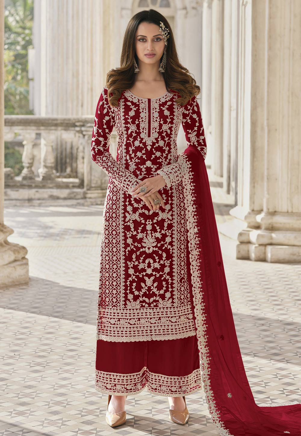 Maroon Net Embroidered Pakistani Suit 259995