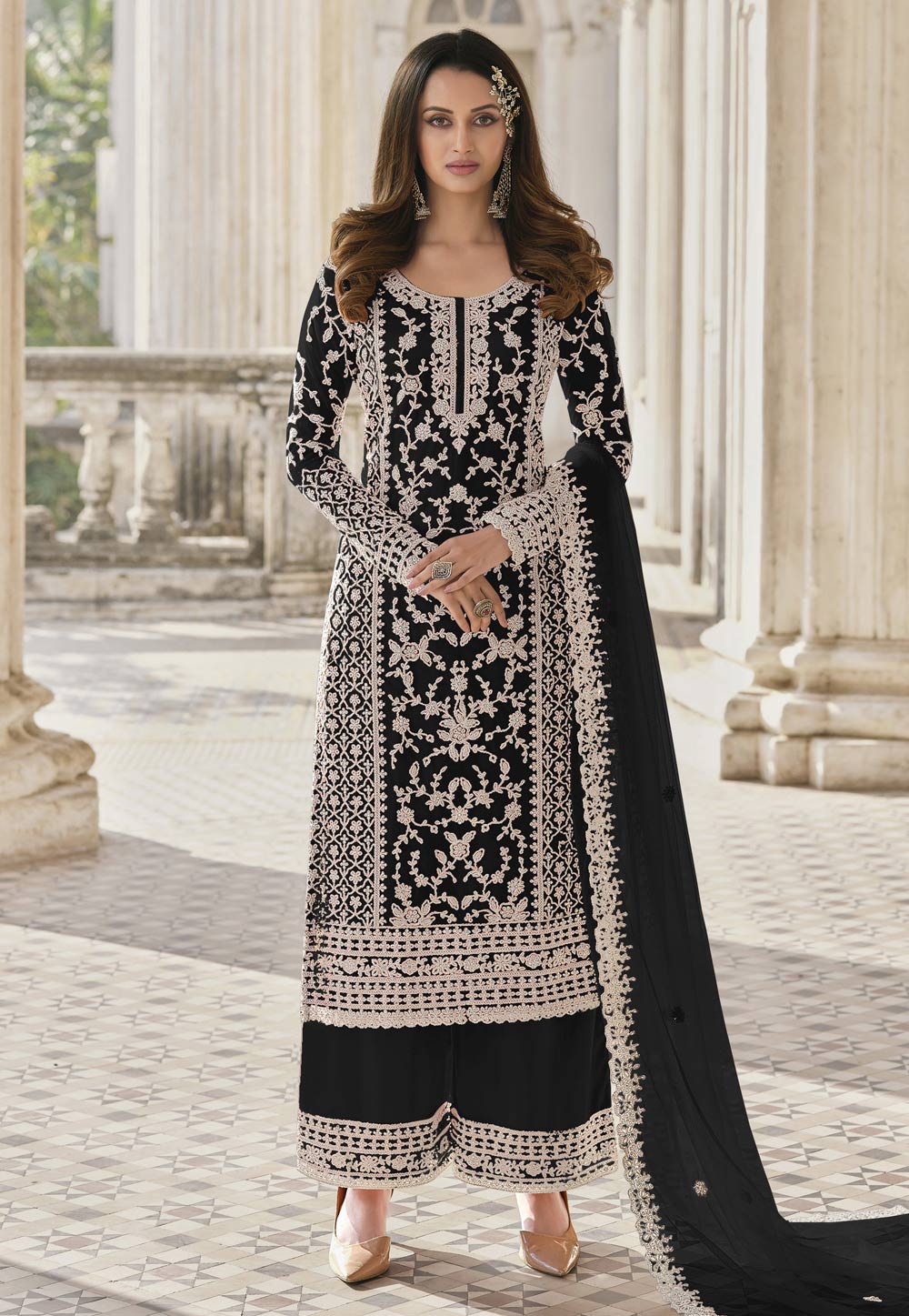 Black Net Embroidered Palazzo Suit 259998