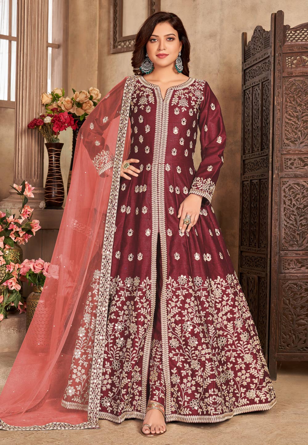 Maroon Art Silk Embroidered Long Anarkali Suit 238388