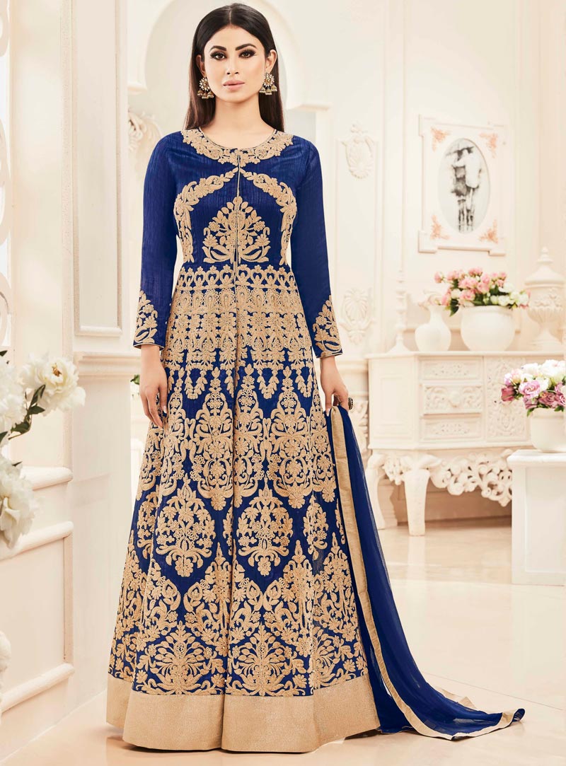 Mouni Roy Navy Blue Banglori Silk Embroidery Work Long Anarkali Suit 89068