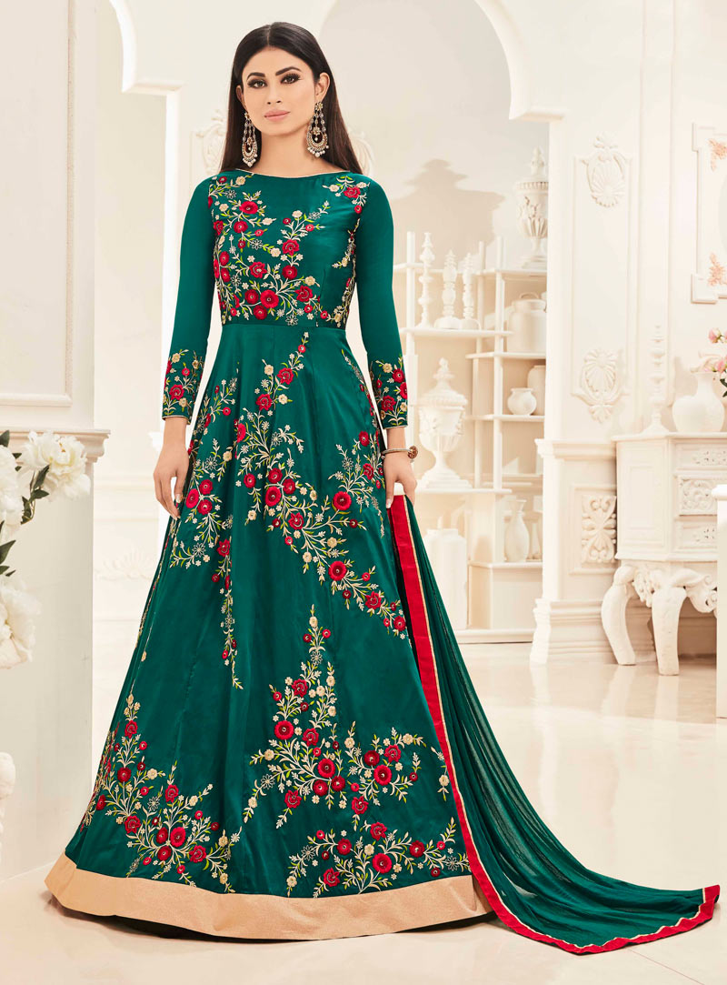 Mouni Roy Green Taffeta Silk Floor Length Anarkali Suit 89071