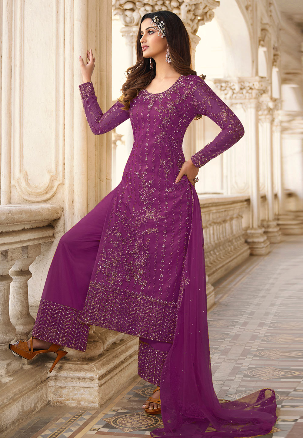 Purple Net Pakistani Suit 252275