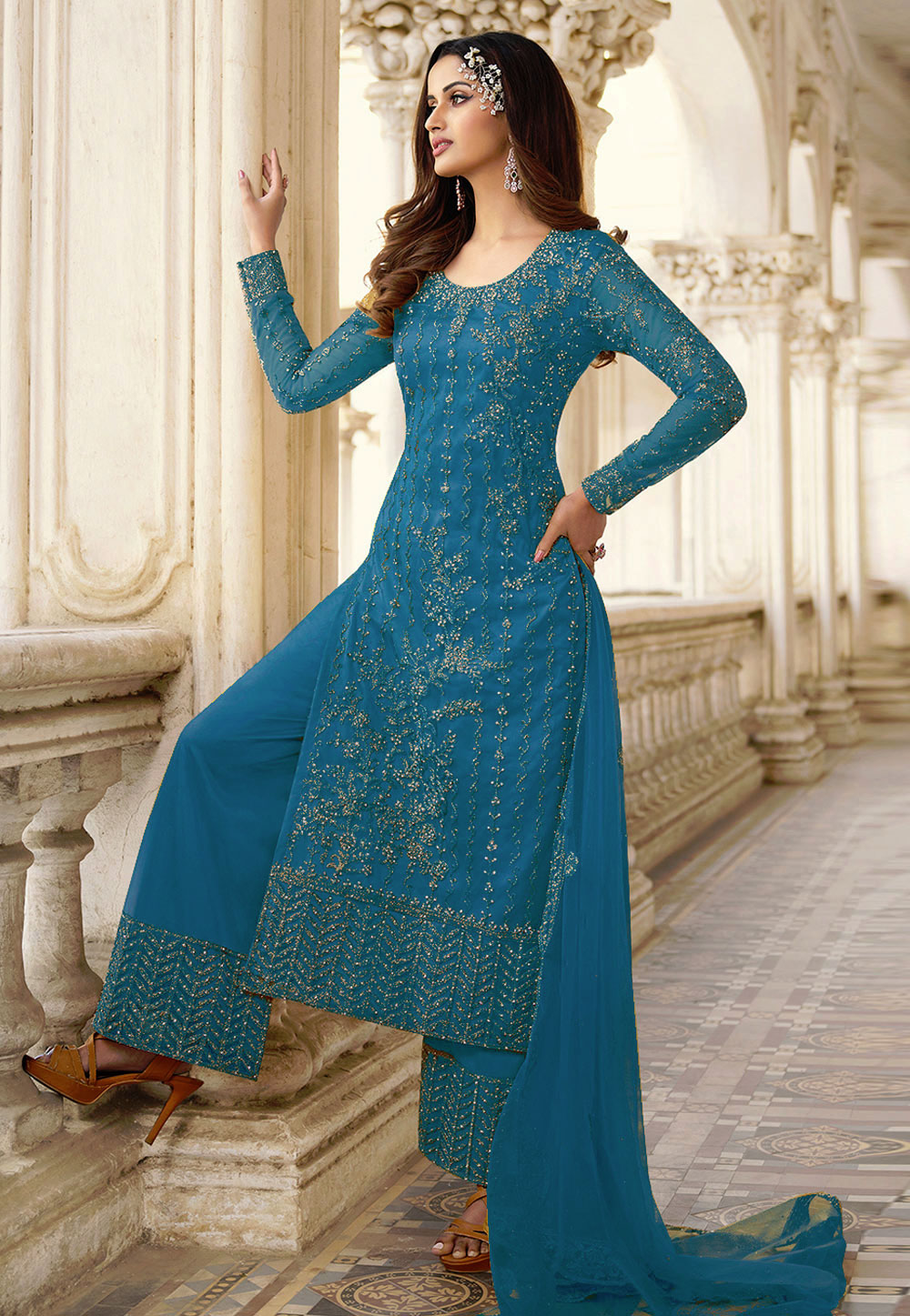 Light Blue Net Pakistani Suit 252279