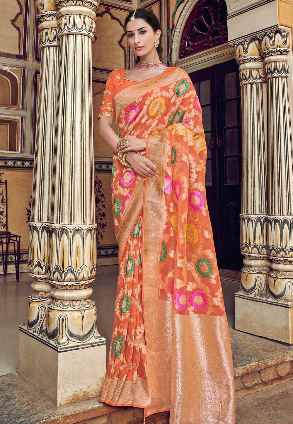 Orange Silk Saree With Blouse 195105