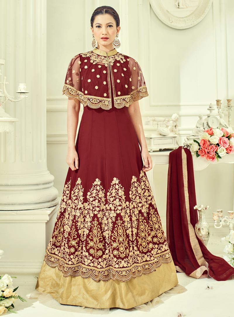 Gauhar Khan Maroon Faux Georgette Layered Anarkali Suit With Cape 90690