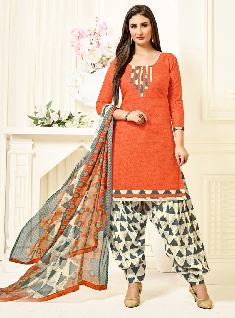 Orange Cotton Punjabi Suit 129987