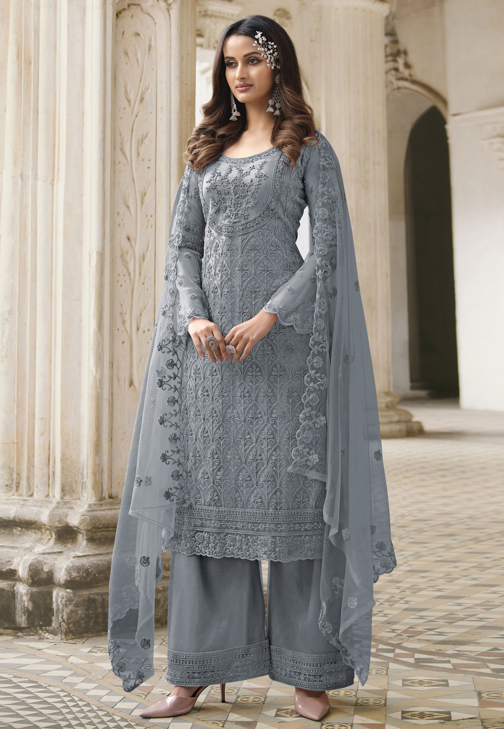 Grey Net Pakistani Suit 247725
