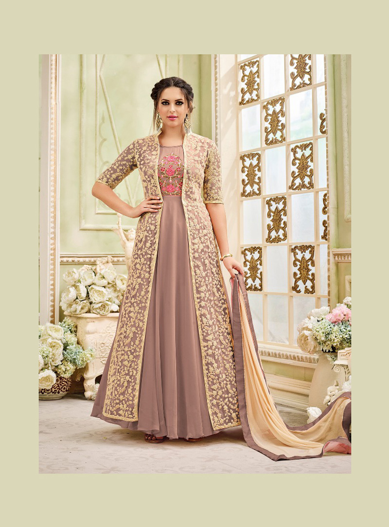 Light Brown Georgette Abaya Style Anarkali Suit 127521