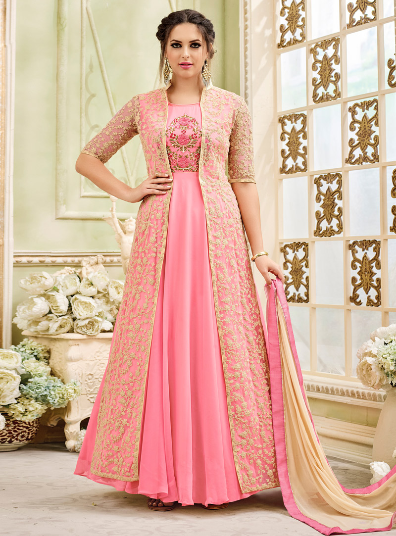 Pink Georgette Abaya Style Anarkali Suit 120841