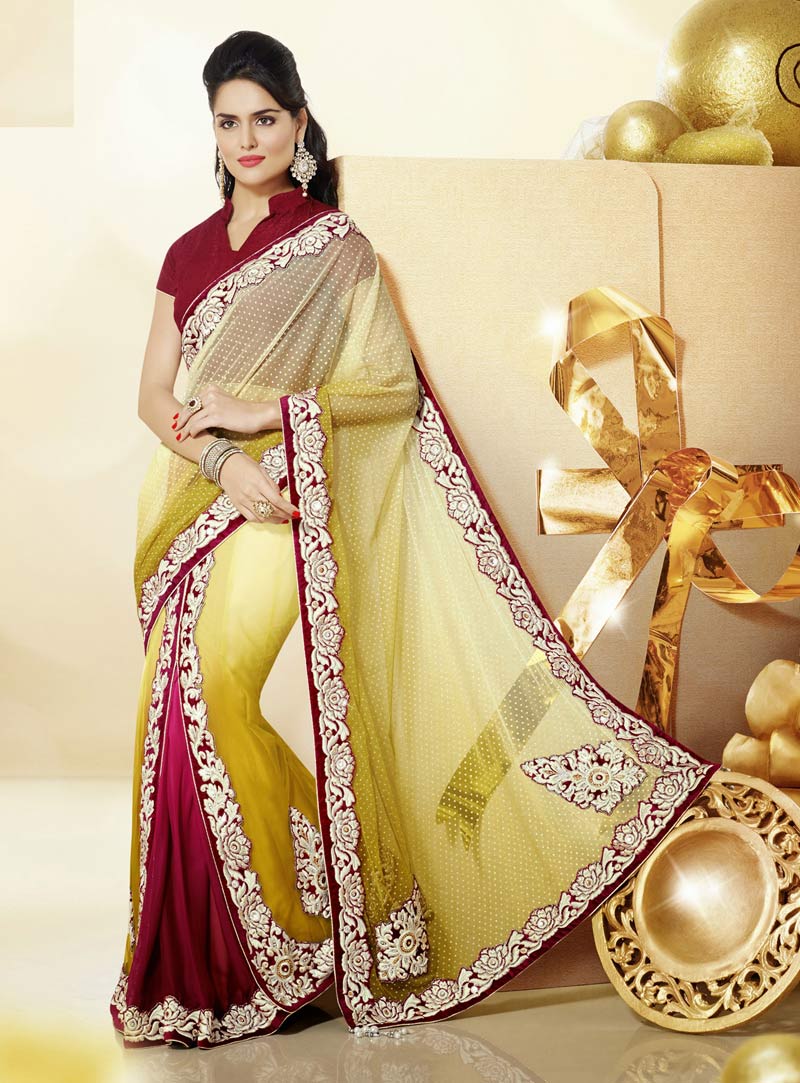 Golden Orange Net Designer Wedding Saree 36601