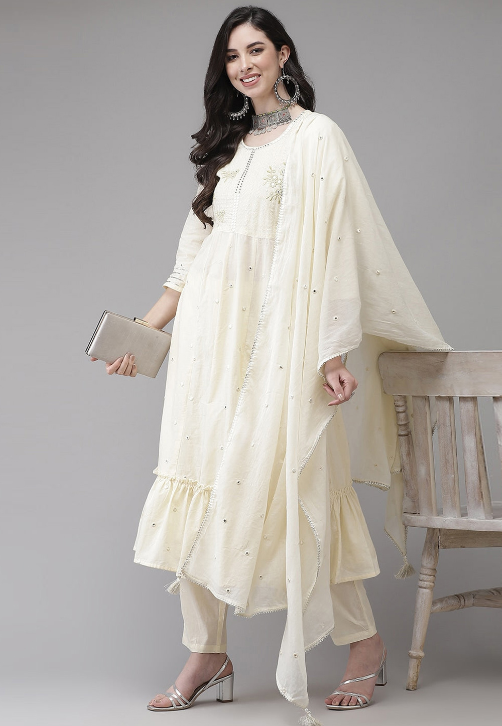 Cream Cotton Readymade Pant Style Suit 239333