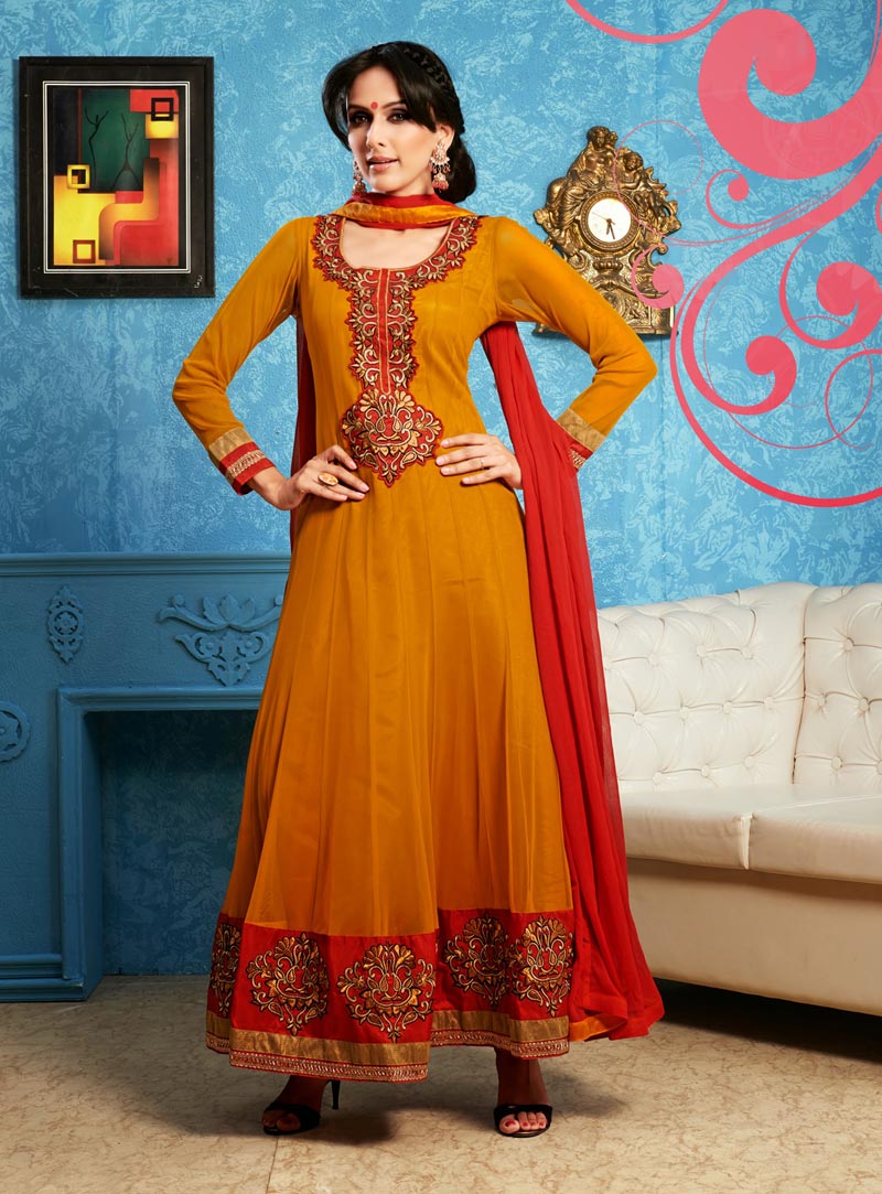 Orange Net Resham Work Ankle Length Anarkali Suit 35078
