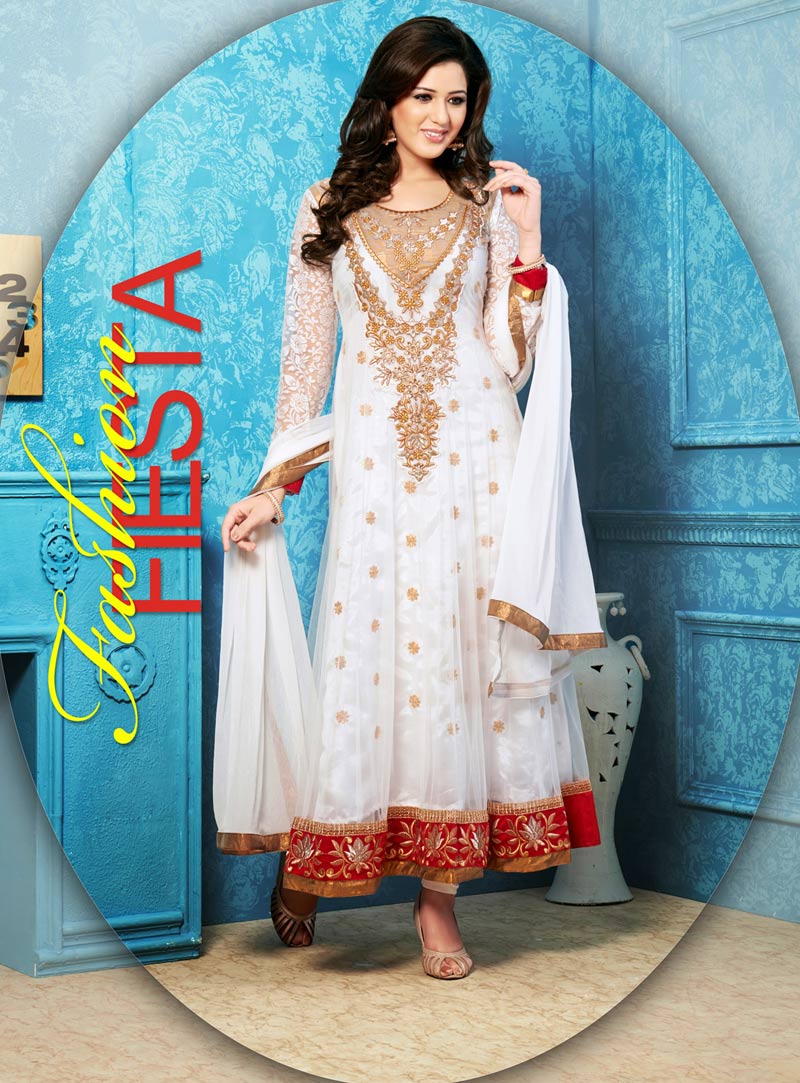 White Net Embroidered Long Anarkali Suit 35081