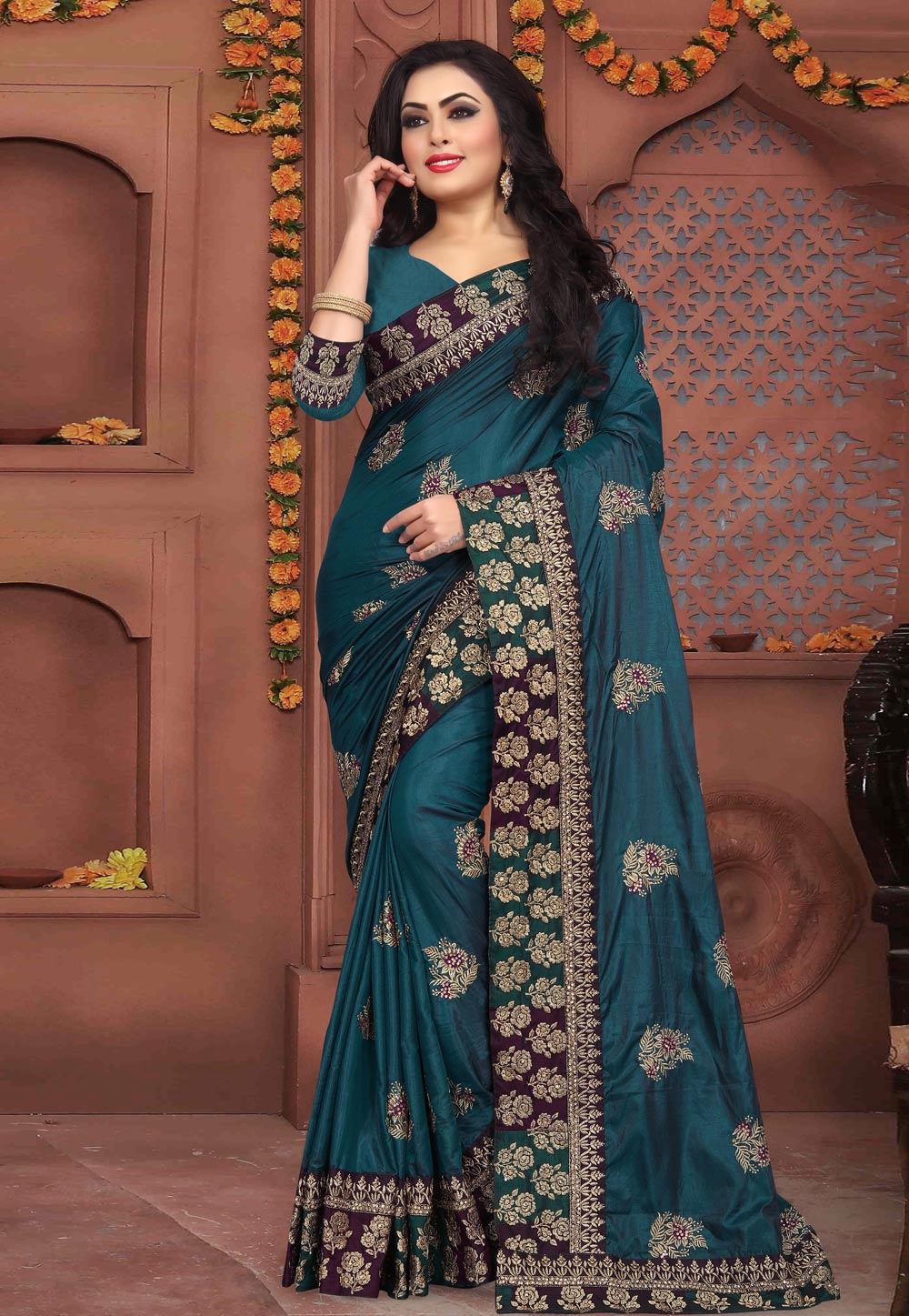 Teal Silk Festival Wear Saree 154215