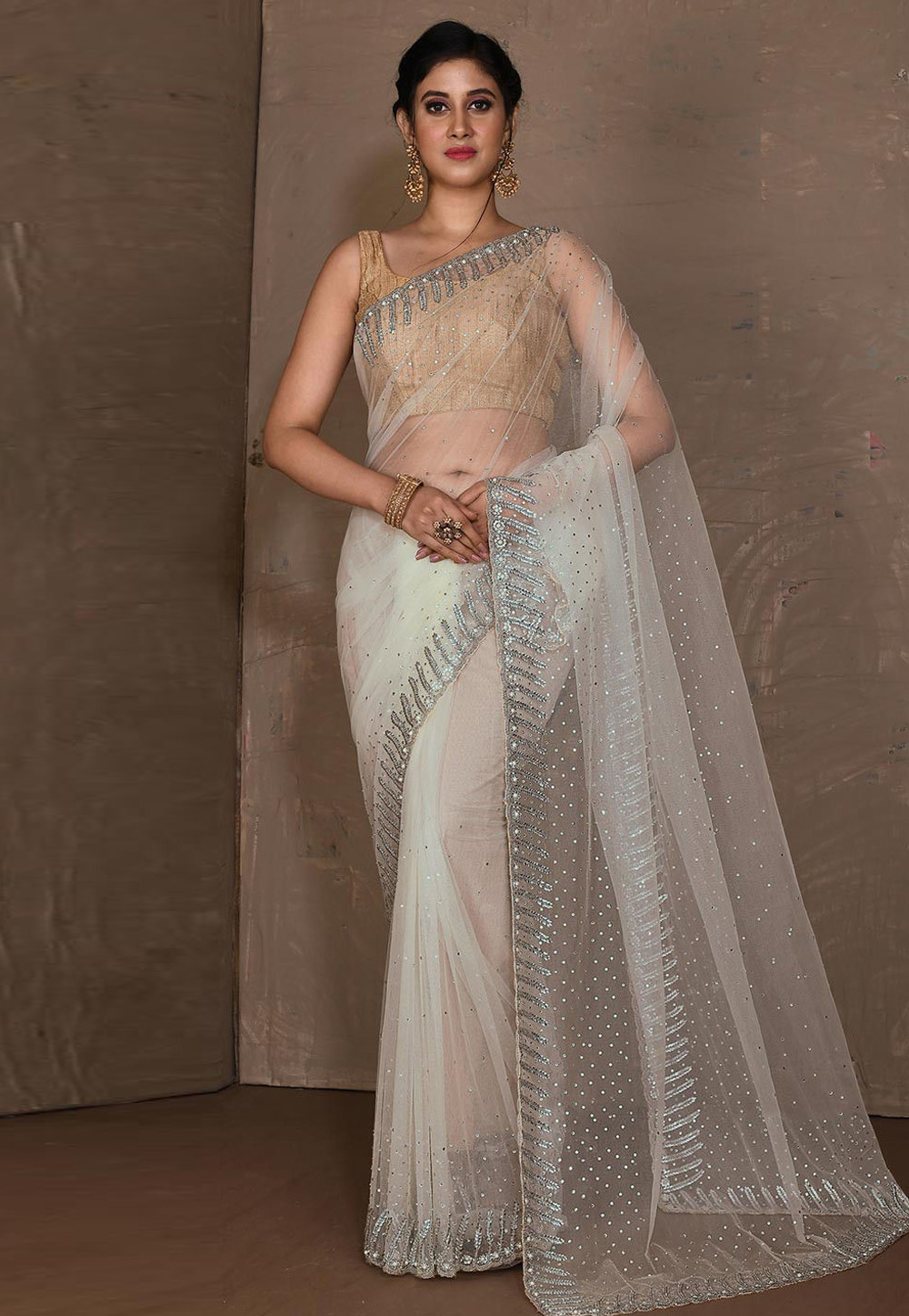 Off White Net Saree With Blouse 242945
