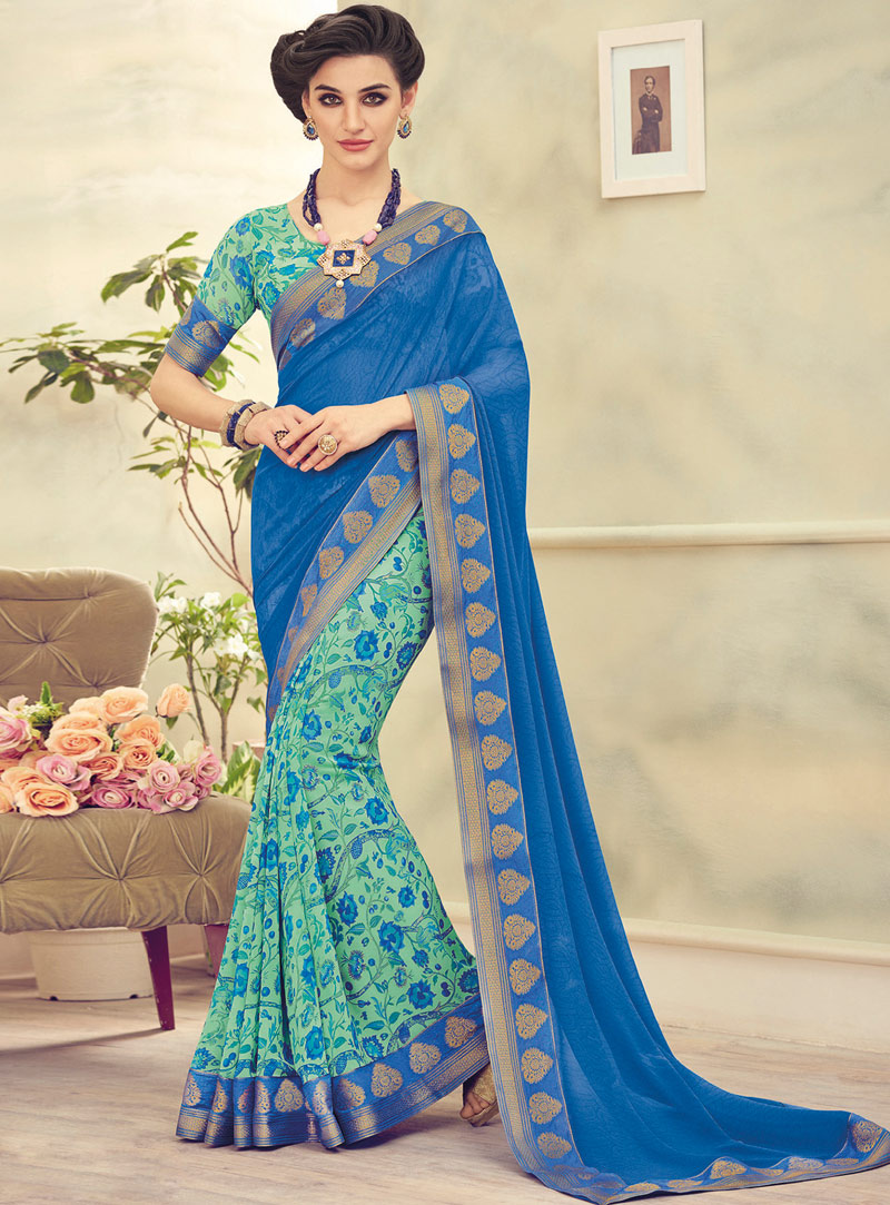Blue Georgette Printed Saree With Blouse 95348
