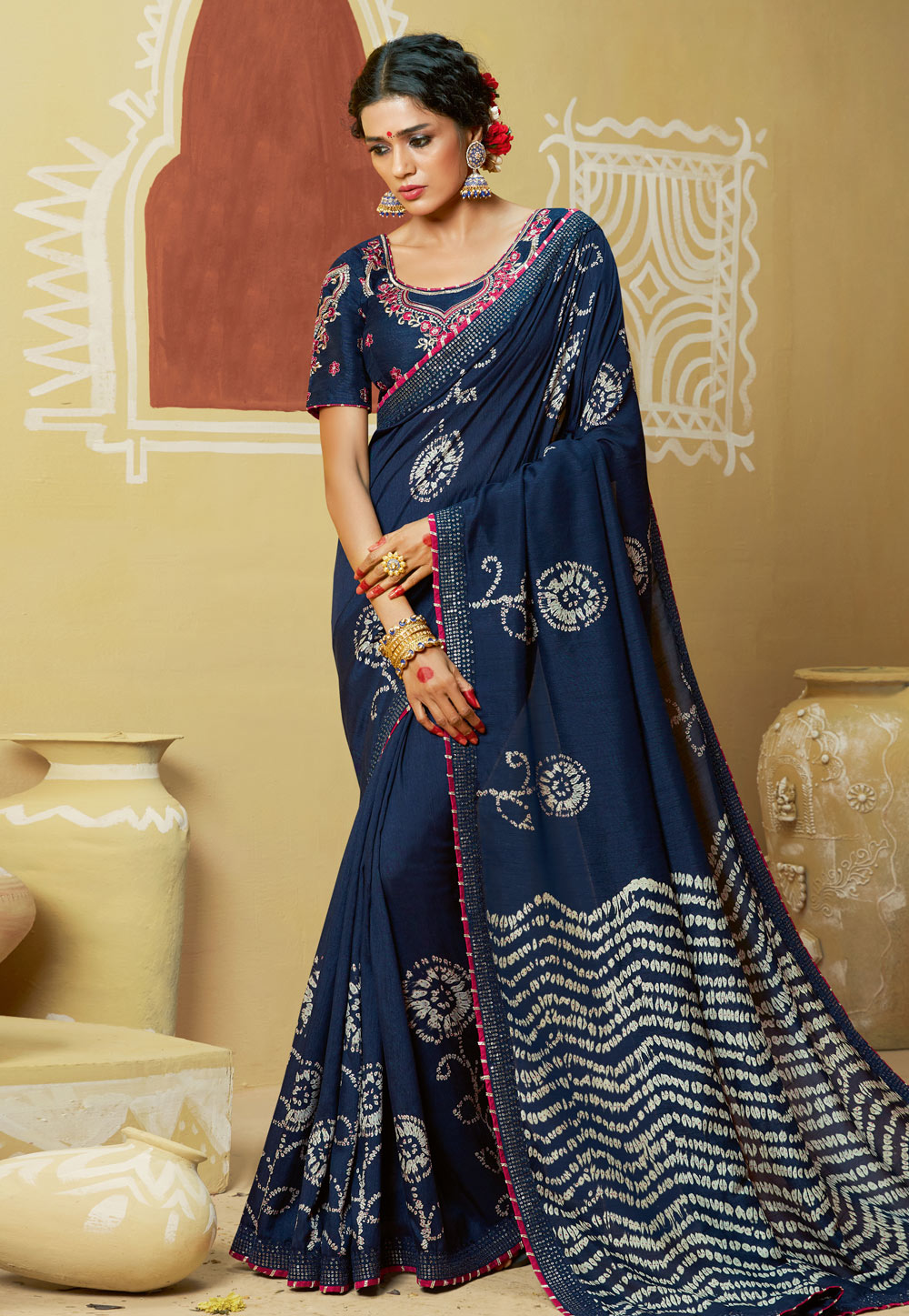 Navy Blue Georgette Bandhej Saree With Blouse 185494