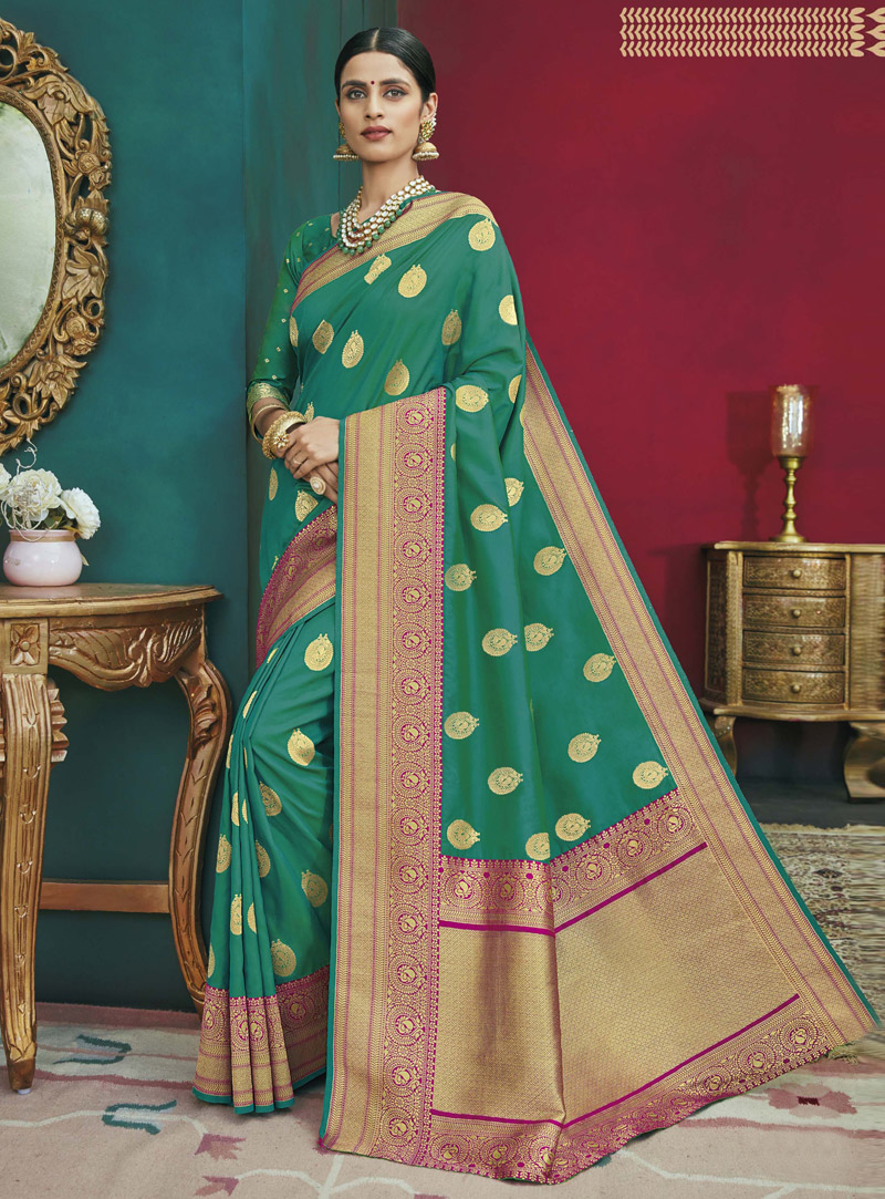 Teal Banarasi Silk Festival Wear Saree 130699