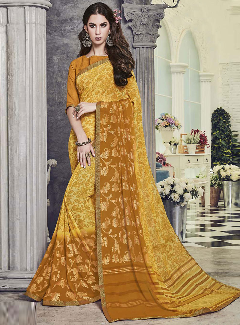 Yellow Georgette Printed Saree With Blouse 102526