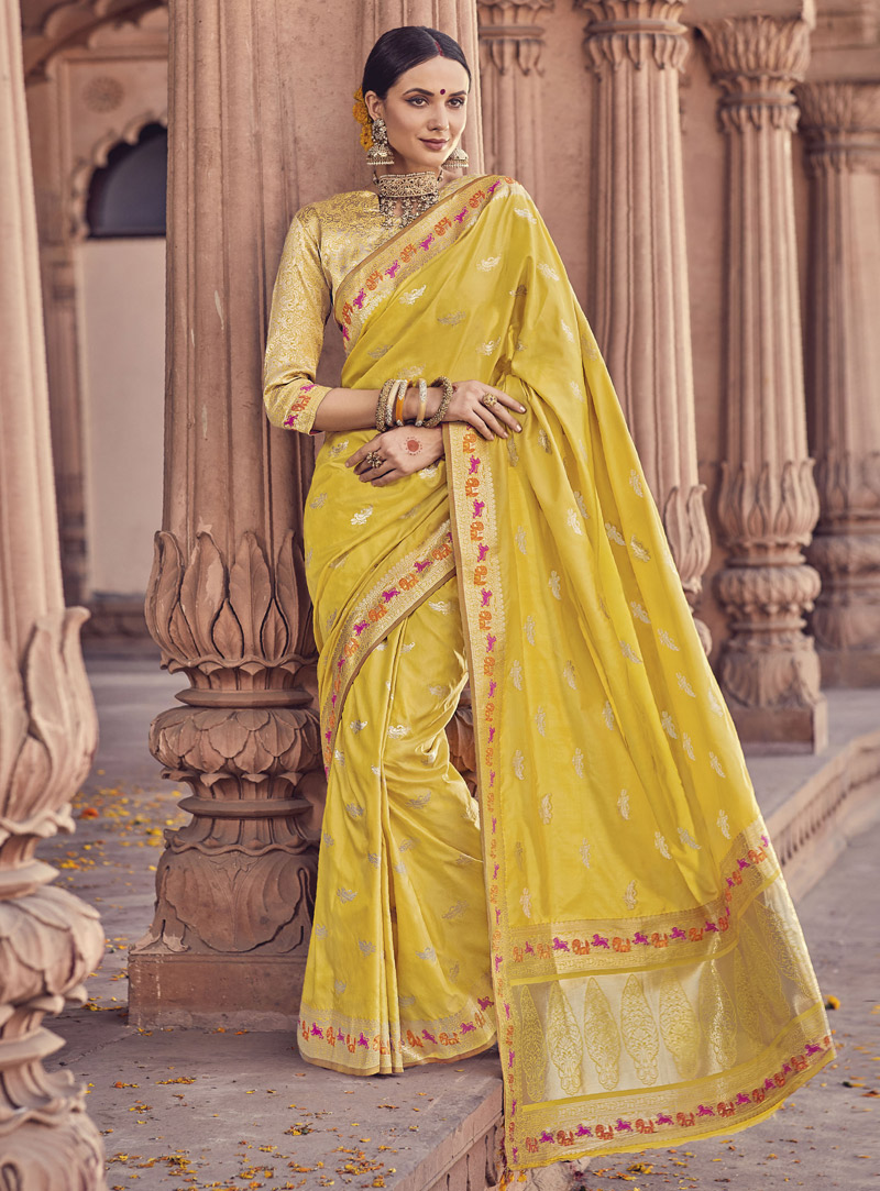 Yellow Banarasi Silk Saree With Blouse 130758