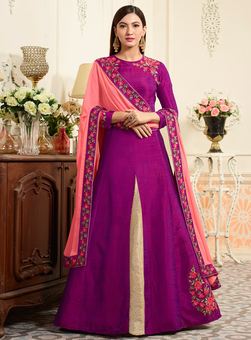 Gauhar Khan Purple Banarasi Silk Long Anarkali Suit 126525