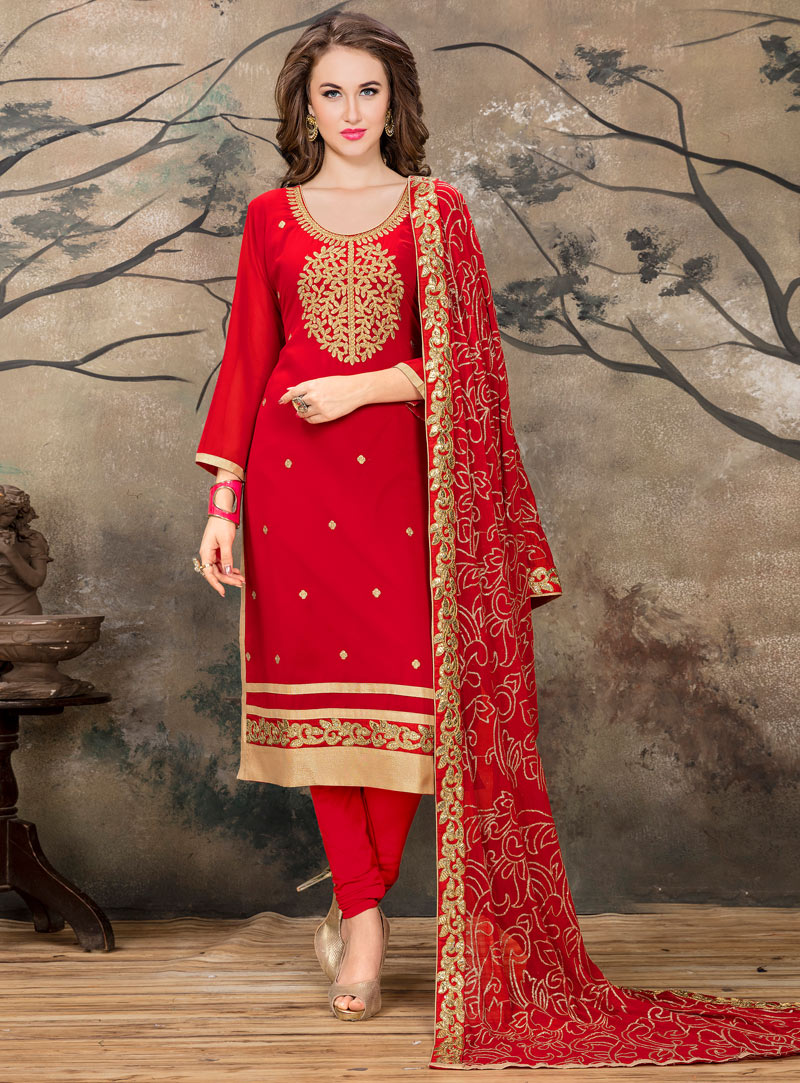Red Faux Georgette Kameez With Churidar 104310