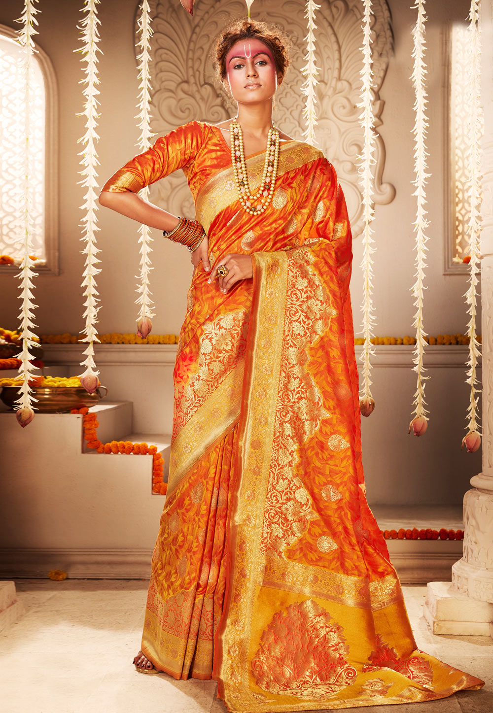 Orange Banarasi Silk Festival Wear Saree 213242