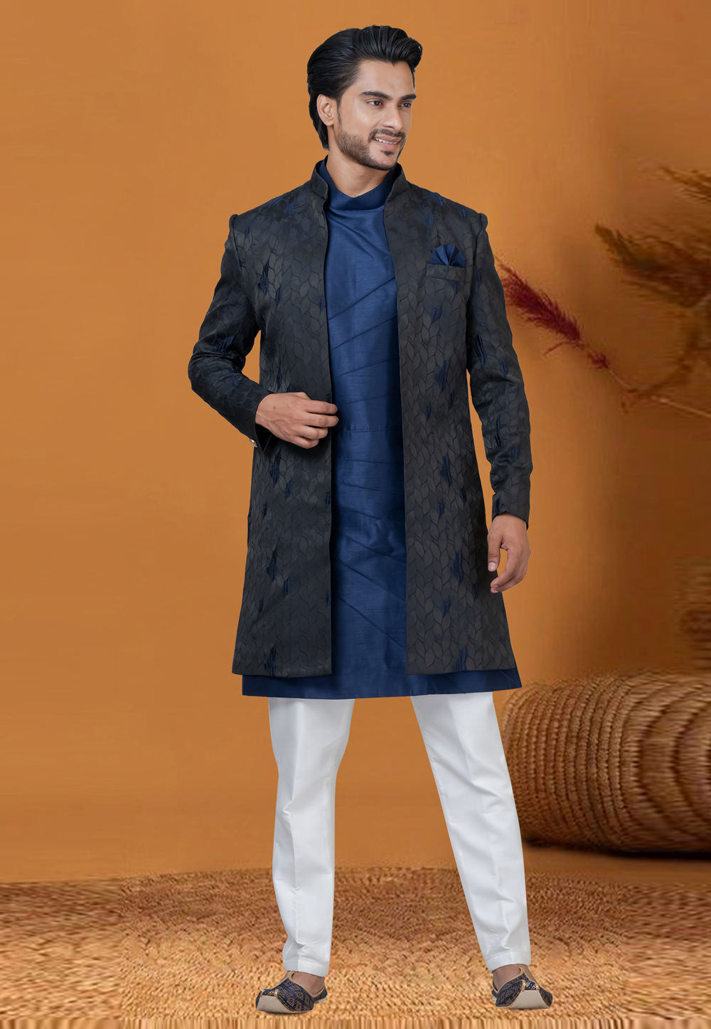 Navy Blue Jacquard Silk Jacket Style Sherwani 276550