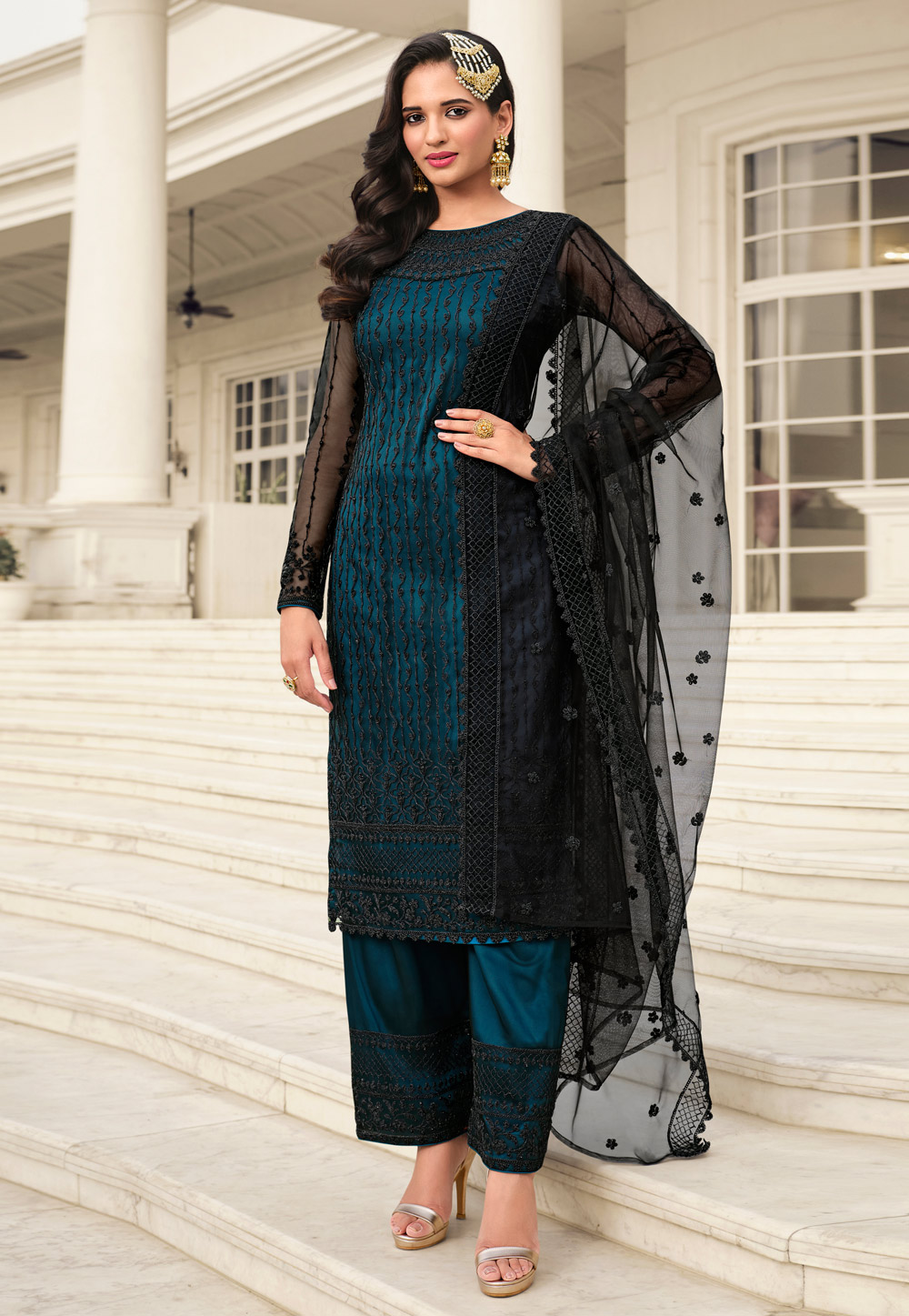 Teal Net Embroidered Pant Style Suit 247627
