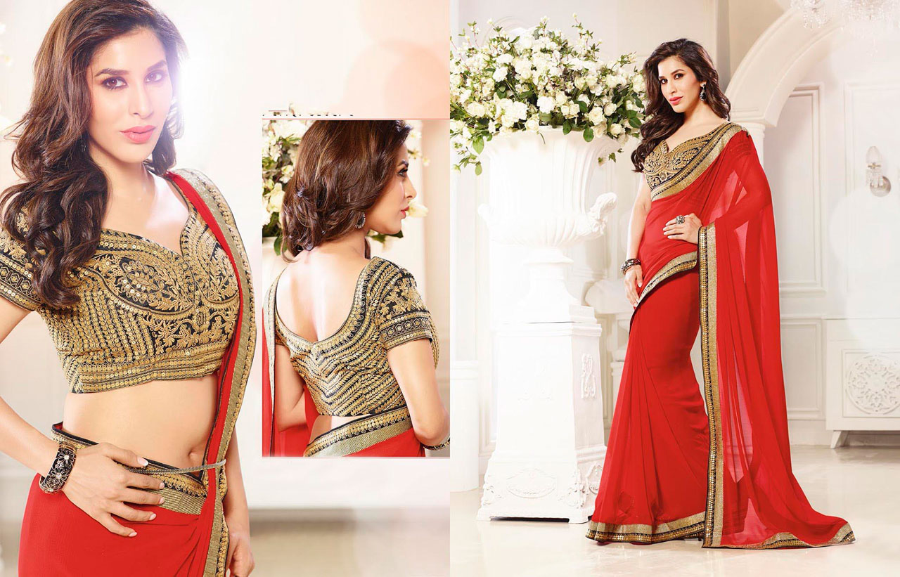 Sophie Choudry Red Georgette Party Wear Saree 43495