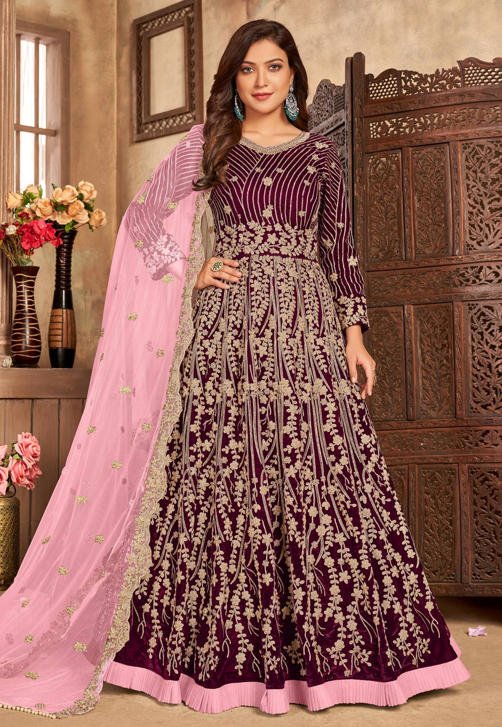 Purple Velvet Abaya Style Anarkali Suit 238800