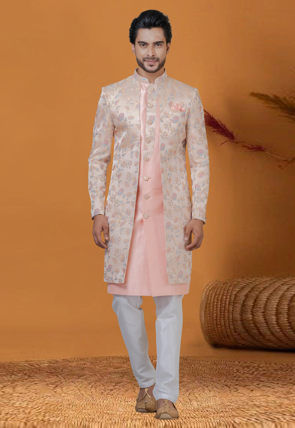 Peach Jacquard Silk Jacket Style Sherwani 276551