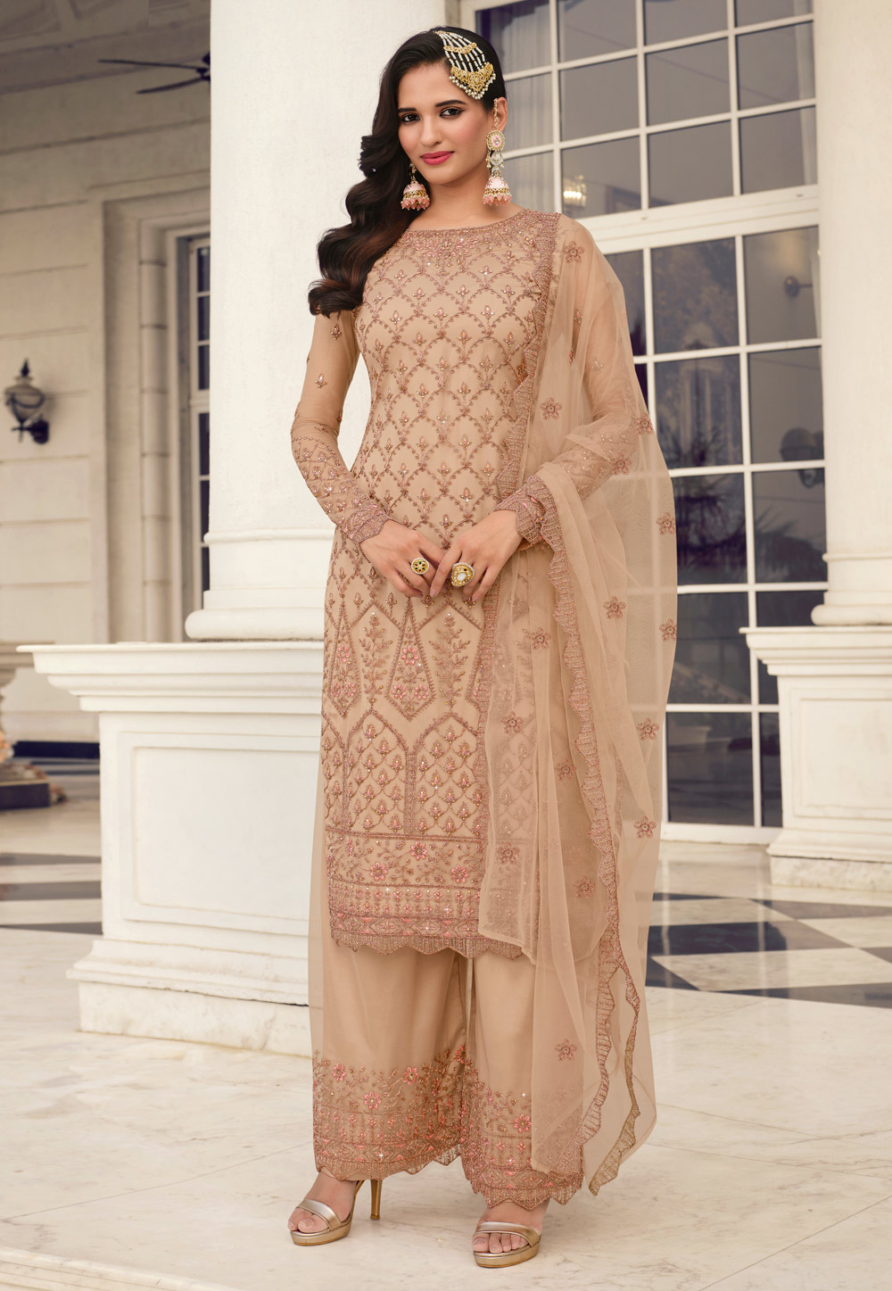 Beige Net Embroidered Palazzo Suit 247628