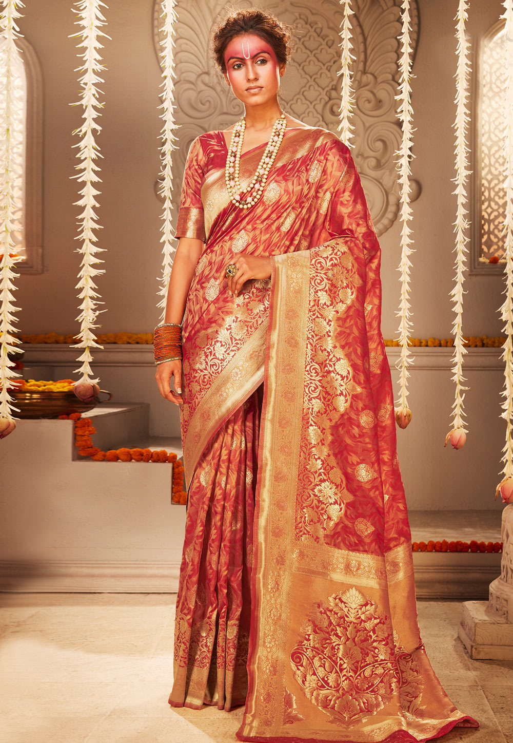Red Banarasi Silk Saree With Blouse 213244