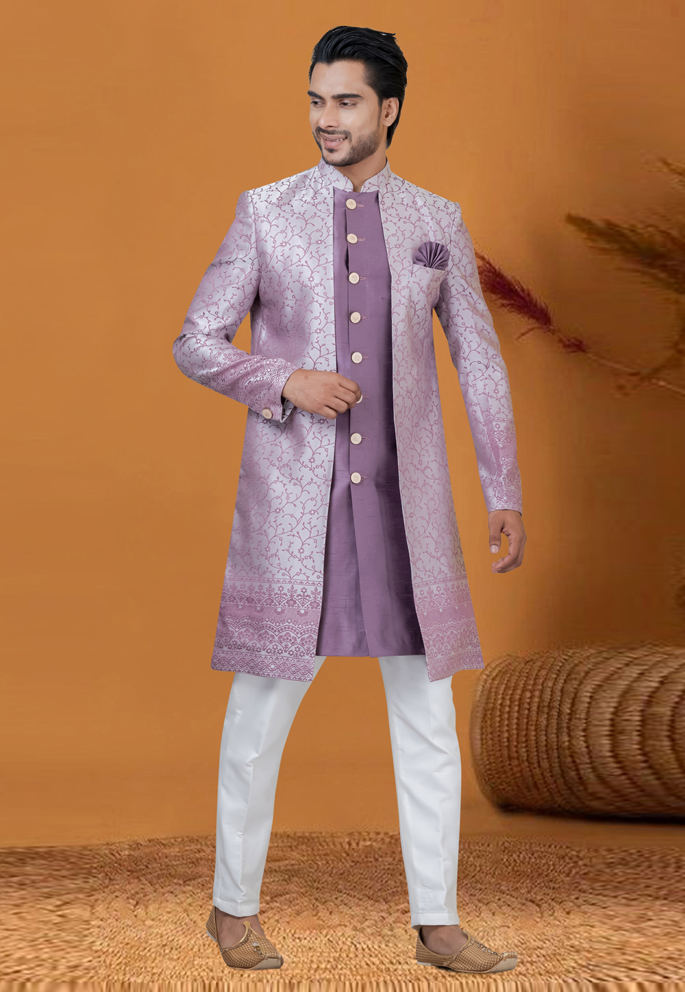 Light Purple Jacquard Silk Jacket Style Sherwani 276552