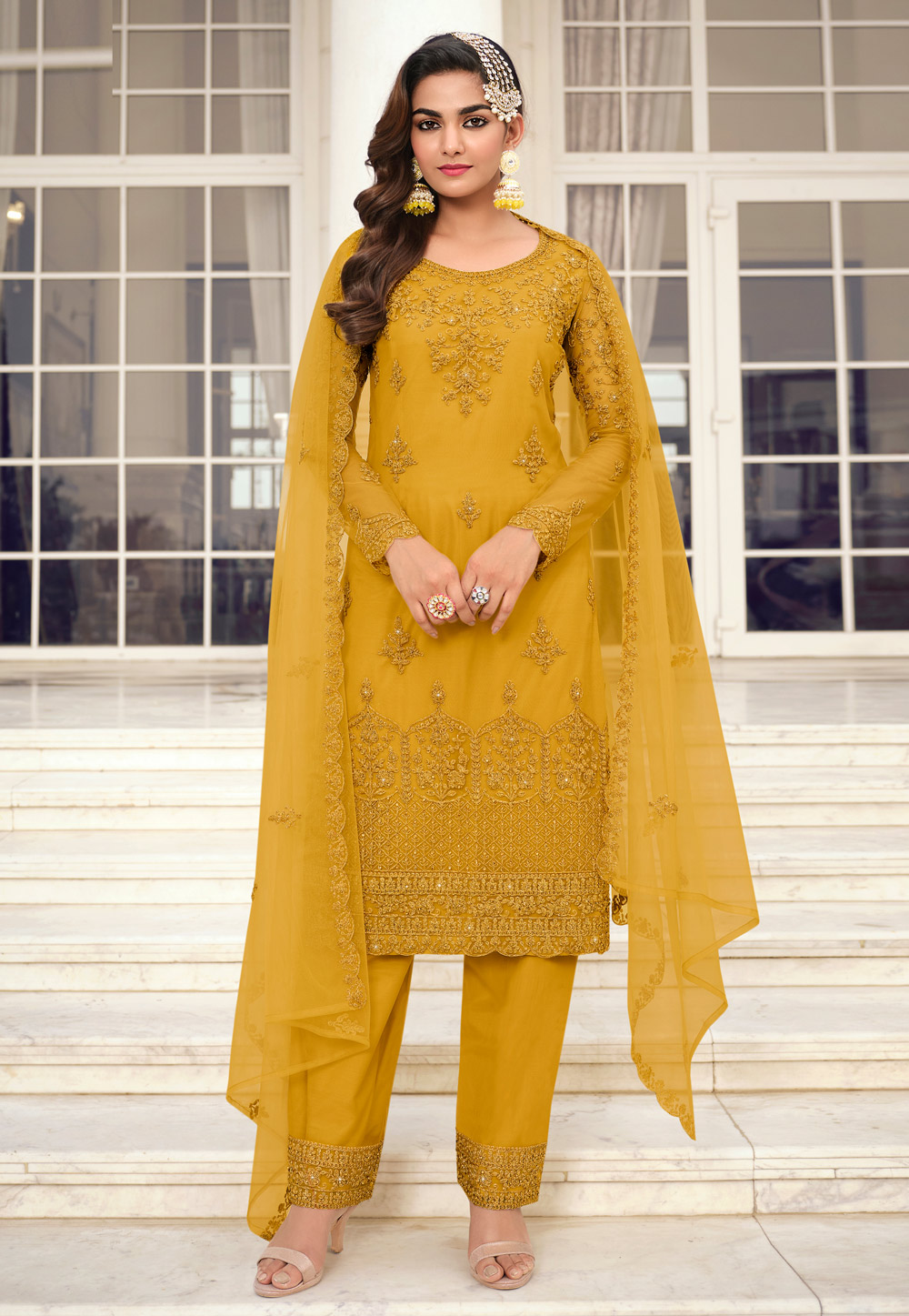 Mustard Net Embroidered Pant Style Suit 247629