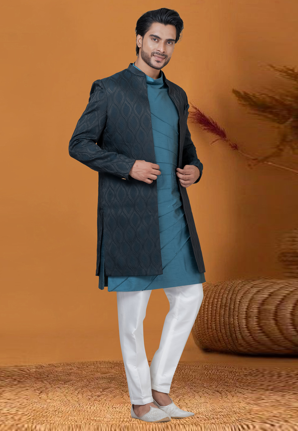 Teal Jacquard Silk Jacket Style Sherwani 276553