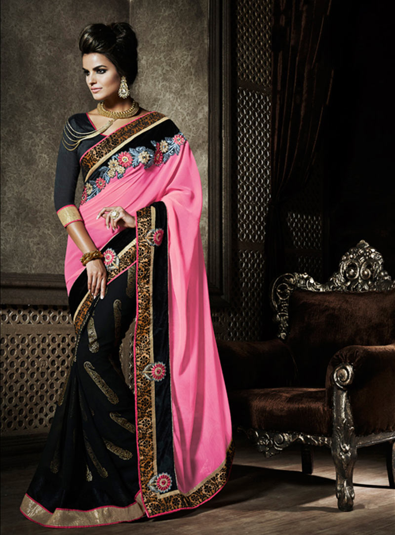 Pink Faux Chiffon Half and Half Saree With Blouse 58746