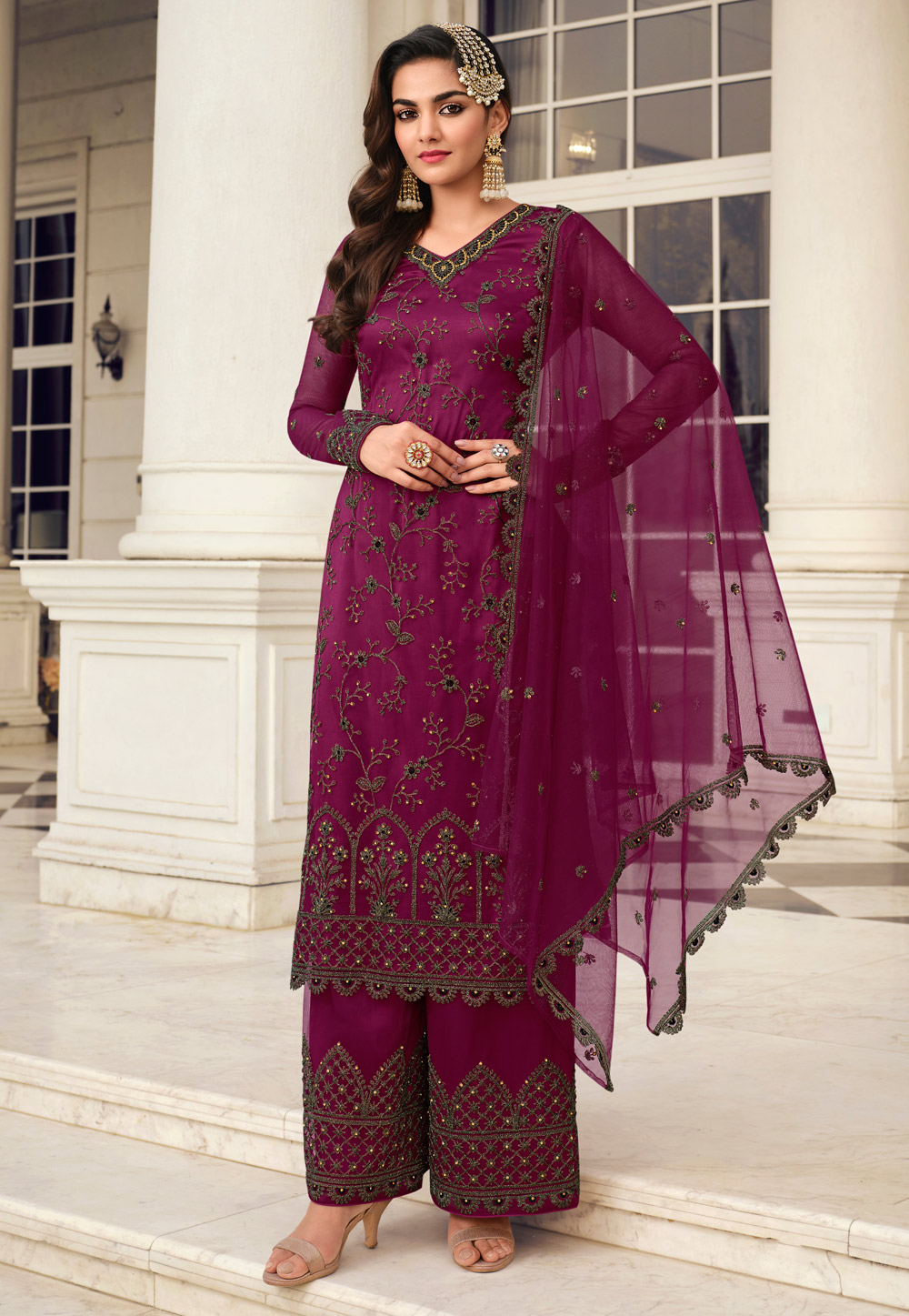 Purple Net Embroidered Palazzo Suit 247630